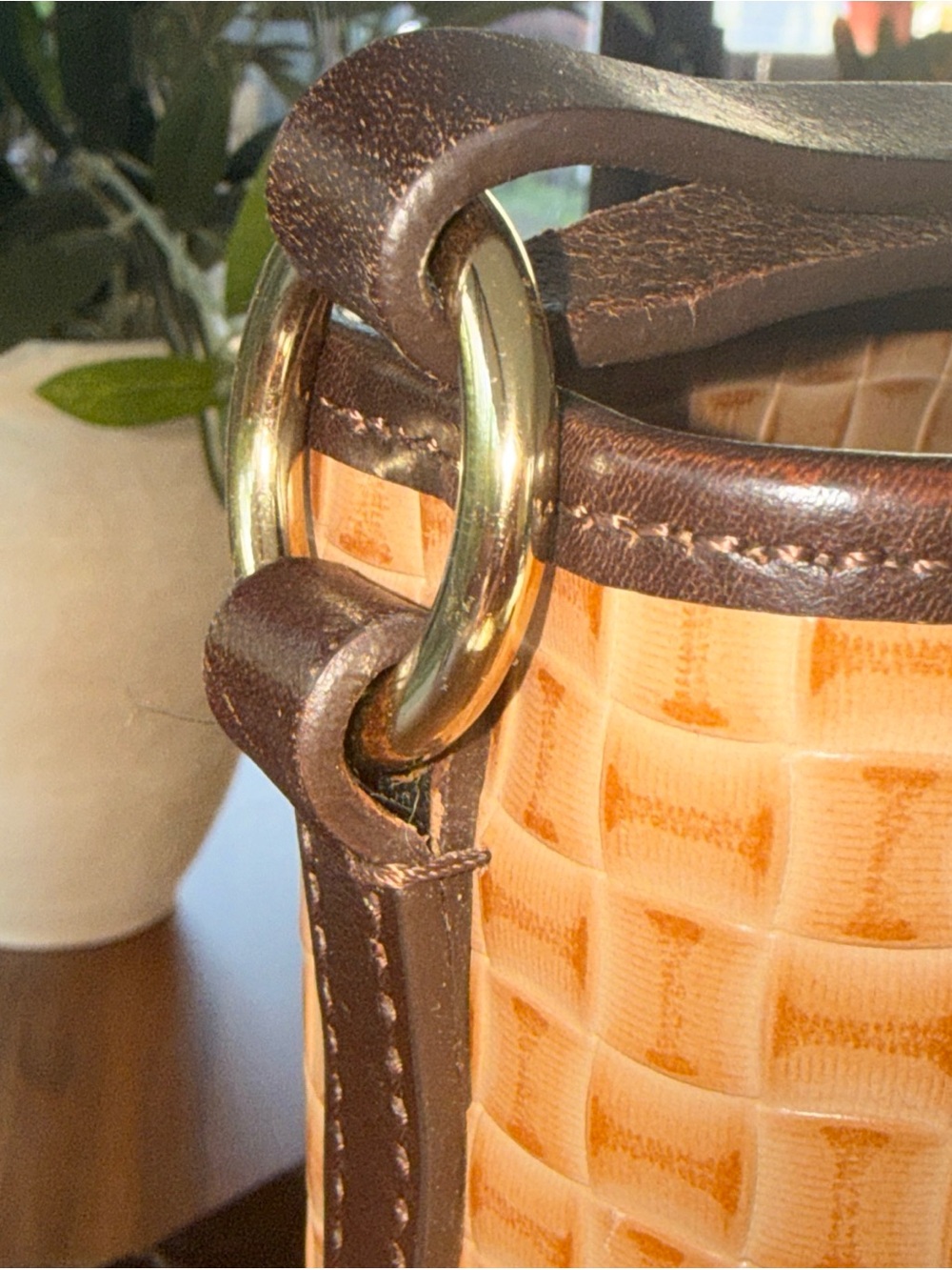 Dooney & Bourke Tan Woven Tote with Dark Brown Trim - Picture 15 of 16